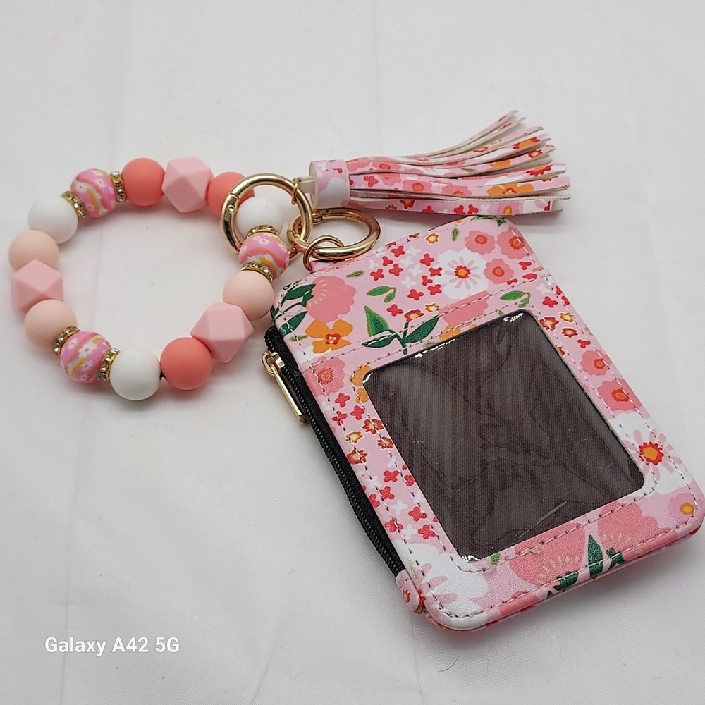 Pink Floral ID Wallet Keychain Silicone Bead Wristlet Tassel Card Holder Zipper